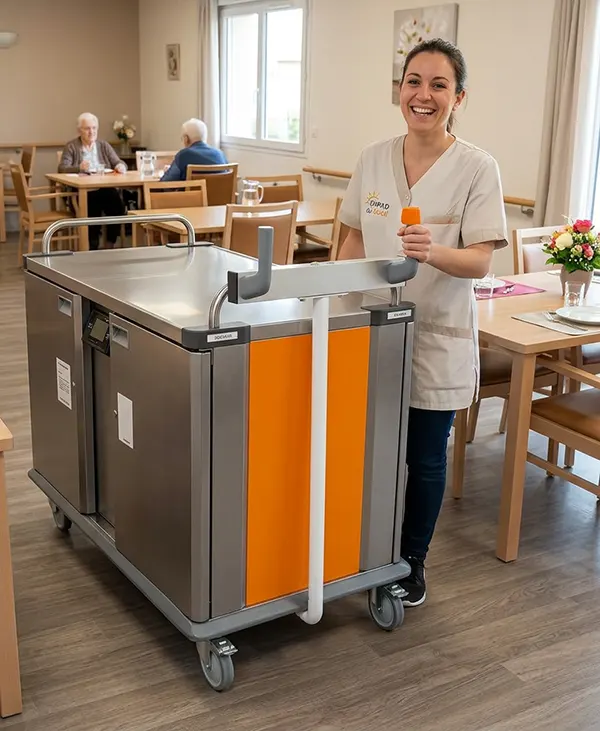 Aide-soignante utilisant un chariot repas motorisé avec embase MOVÉO160 en salle à manger d'EHPAD
